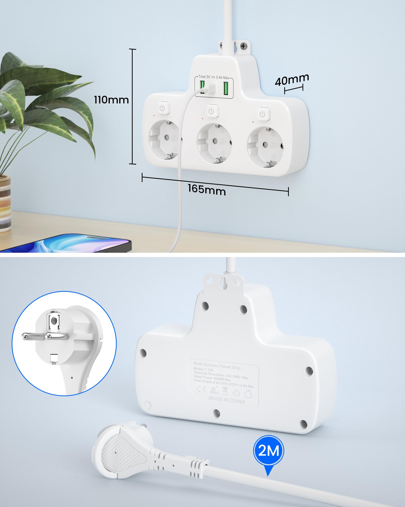 Regleta Enchufes Plano con Interruptor Individual,Ladron Enchufes USB C 3 Tomas Schuko,Enchufe Multiple Pared Clavija Extra Plana,Outlet Extender 2M Alargador Cable,Tomadas Electricas,Blanco