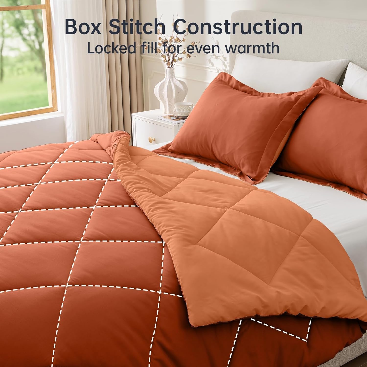JOLLYVOGUE Queen Comforter Set Burnt Orange/Camel, Ultra Soft Reversible Bedding for All Seasons, 3 Pieces Down Alternative Bed Set Includes 1 Lightweight Comforter and 2 Pillow Shams