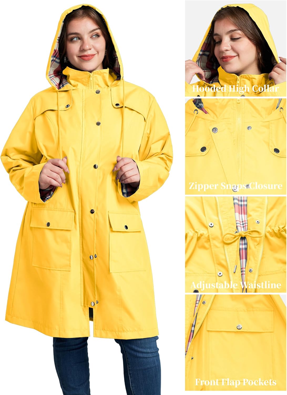 Kikibell Plus Size Rain Jackets for Women Raincoats Waterproof Windbreaker Jacket Hooded Outdoors Trench Coat with Pockets