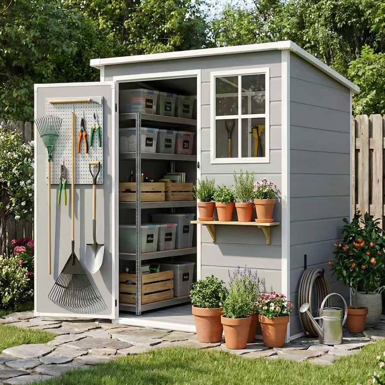 AIRAJ 5x3 FT Outdoor Storage Shed,Resin Storage Shed with Floor/Window/Vent/Roof Rainwater Drainage/Lockable Door,All-Weather Plastic Garden Sheds,for Yard,Garden,Poolside,Lawn Mower,Seasonal Items
