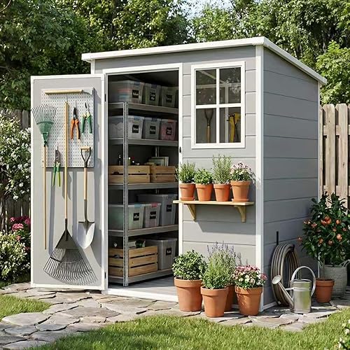 AIRAJ 5x3 FT Outdoor Storage Shed,Resin Storage Shed with Floor/Window/Vent/Roof Rainwater Drainage/Lockable Door,All-Weather Plastic Garden Sheds,for Yard,Garden,Poolside,Lawn Mower,Seasonal Items