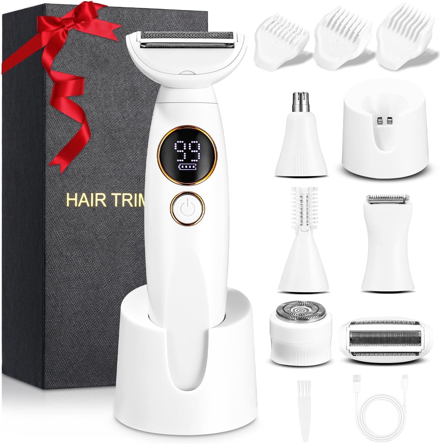 Afeitadora Mujer, 5 en 1 Afeitadora Electrica Mujer, con Base de Carga Type-C, Rasuradora Mujer Zona Intima, para Bikini Axilas Brazos Cara Nariz (Blanco)