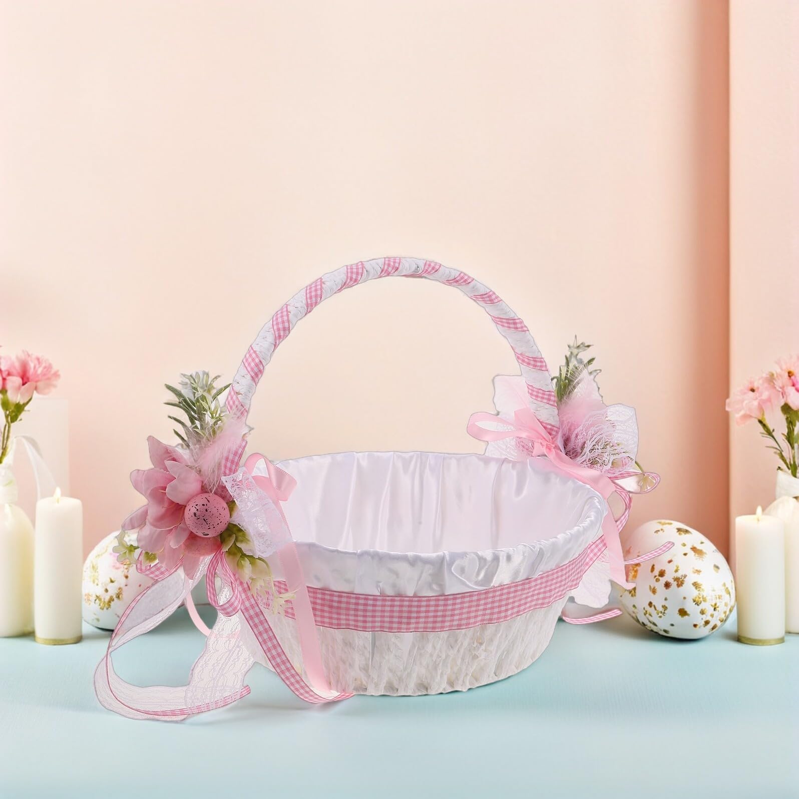 Gatuida Blumenkorb für Blumenmädchen Handgewebter Hochzeitskorb mit Großzügigem Stauraum Rosa Osterkorb für Süßigkeiten und Gastgeschenke