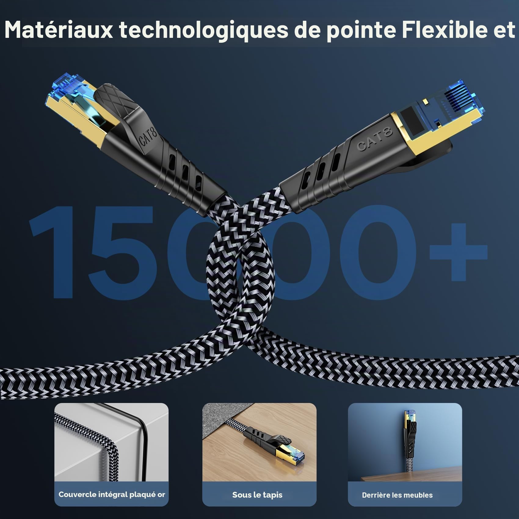 Cat 8 Câble Ethernet 5m, Cat 8 RJ45 Cable Super Débit Réseau Lan Patch 40Gbps 2000MHz Plat Nylon Tressé Câble Internet Compatible avec Routeur, Switch, Modem, TV, PS5/4, Xbox, P