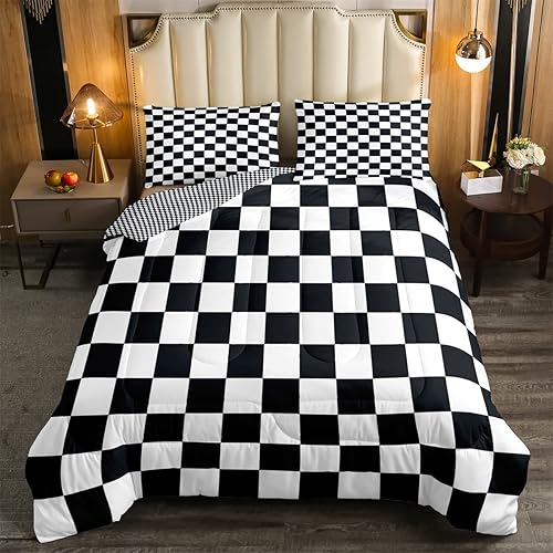 Erosebridal Juego de ropa de cama a cuadros en blanco y negro, tamaño matrimonial, juego de edredón reversible con cuadrícula geométrica para niños,