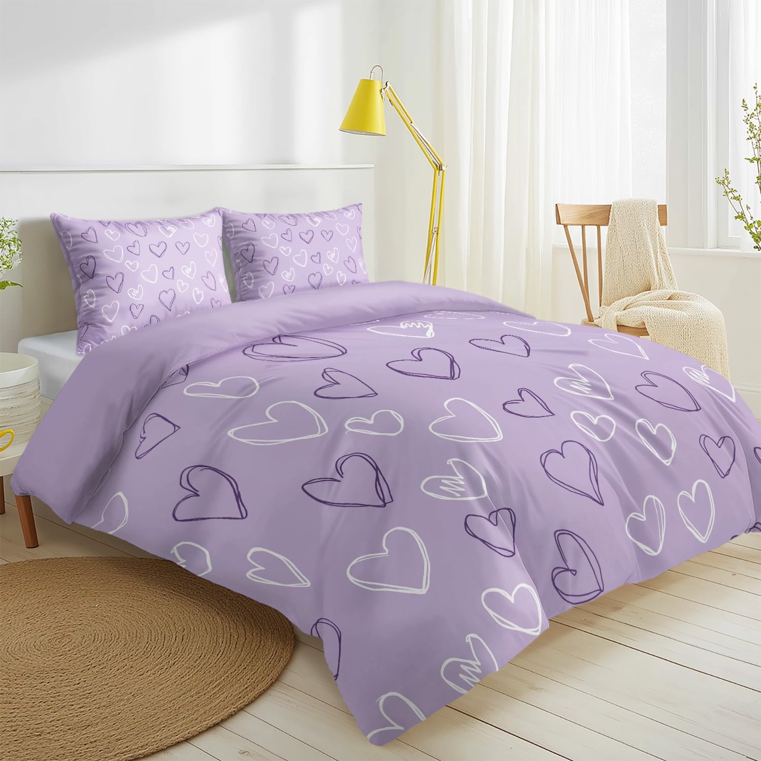 Generico Set Copripiumino Matrimoniale 260 x 240 cm, Carino Cuore per Bambini Ragazze, Viola, Minimal, Sacco Copripiumino Reversibile in Microfibra, Delicato sulla Pelle