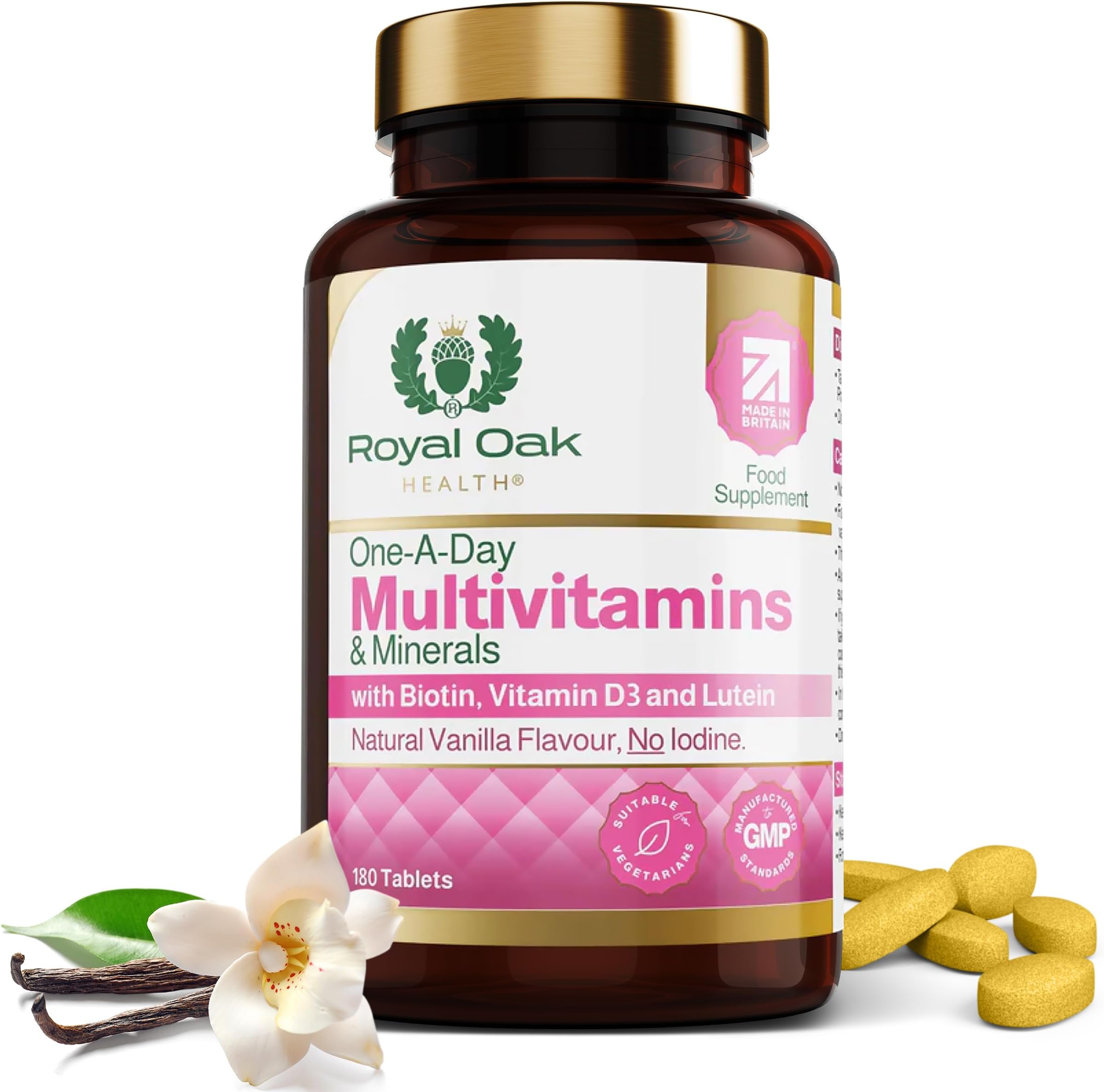 Vanilla Flavoured Multivitamins & Minerals Tablets | 6 Month Supply | 23 Active Ingredients Including Biotin, Vitamin D3 and Lutein l No Iodine | GMP Certified, UK Made by Royal Oak Health