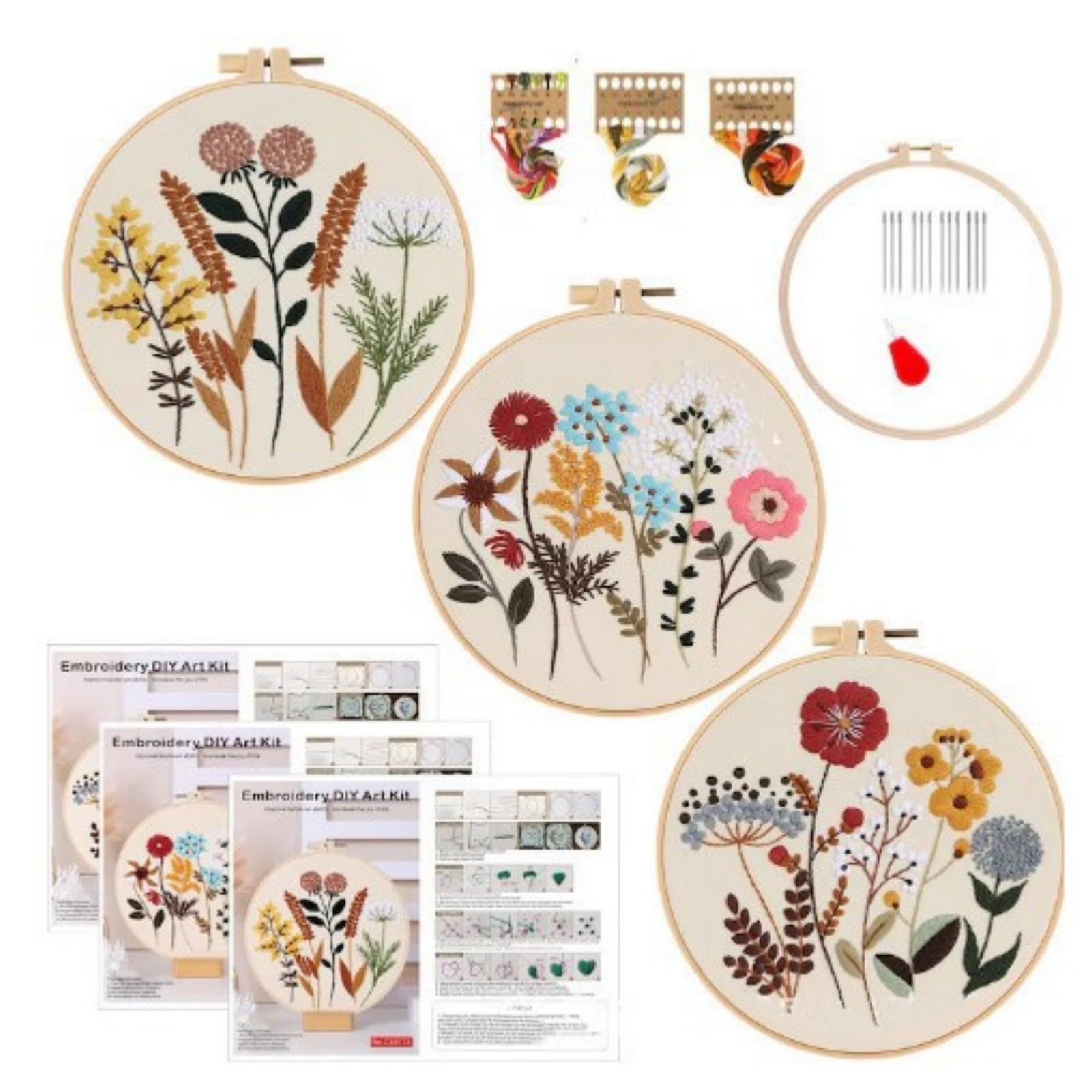 Embroidery 3PCS Kit for Beginners, Cross Stitch DIY Craft Set, Includes Flower Accessories, Hoops, Threads, & Needles, Hand Sewing Kit for Adults (FloralB Patterns)