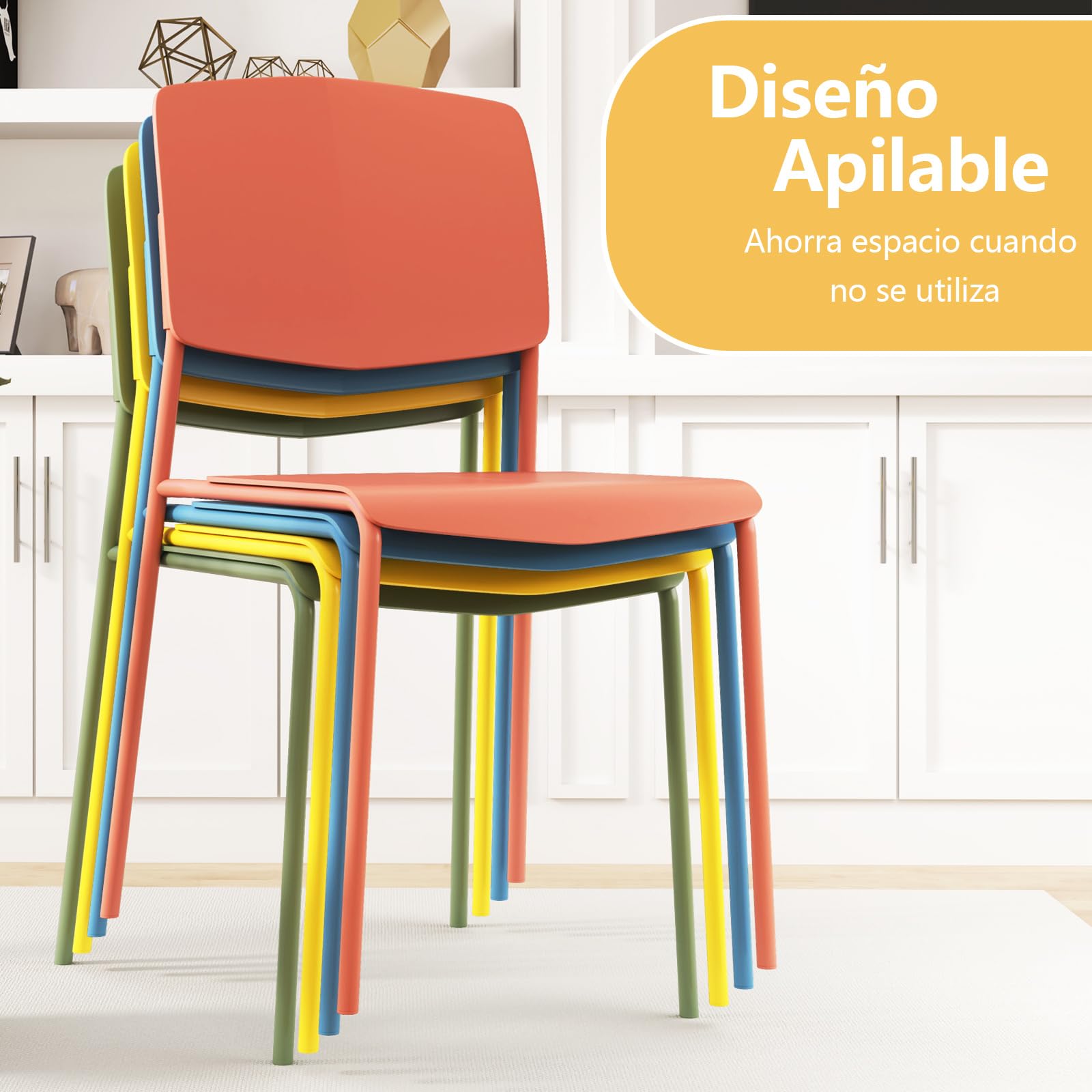 GIANTEX Juego de 4 Sillas de Comedor Apilables, Sillas de Cocina con Respaldo y Asiento Ancho de Polipropileno, Sillas con Patas de Metal, Carga hasta 160 kg, para Comedor, Cocina (Multicolor)