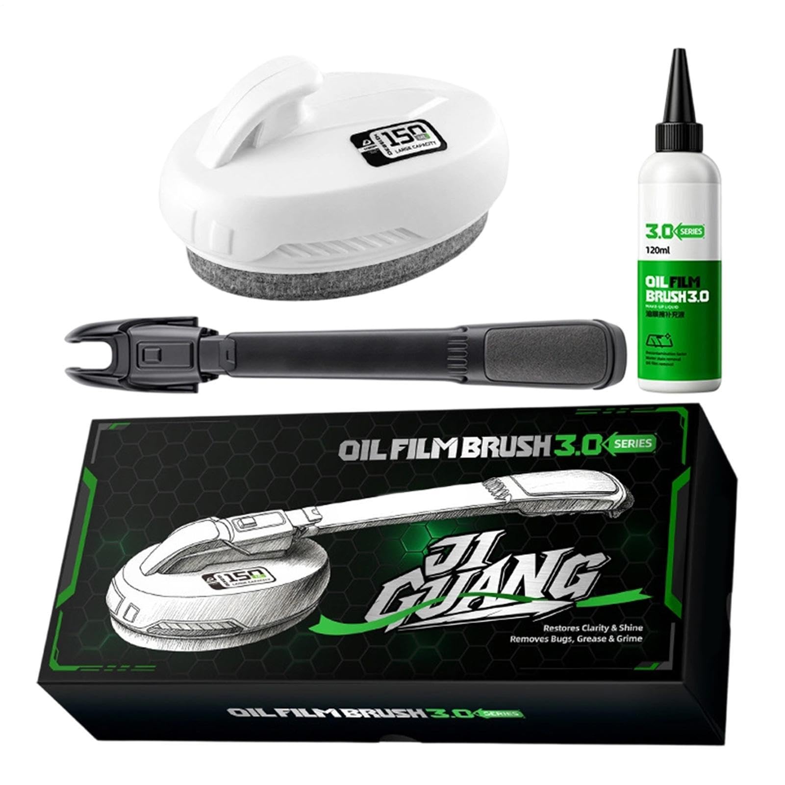 Usuwacz Filmu Olejowego z Szyb Samochodowych Szczotka czyszcząca do filmu | 150 ml Gotowego Środka + 120 ml Uzupełnienia Mycia Szyb Dla czystej widoczności i lusterek