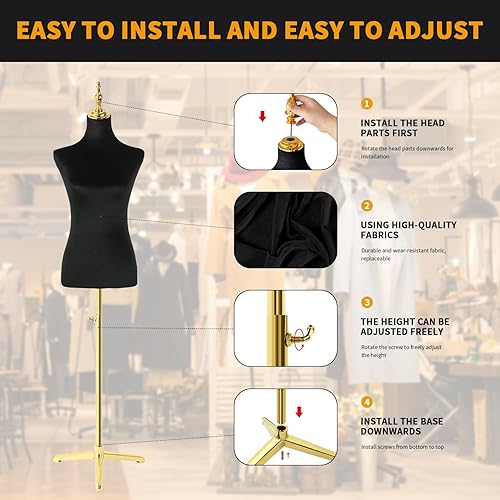 Miniatura 10 de Modista maniquí femenino torso de medio cuerpo con altura ajustable, terciopelo corto negro esponjoso, base de metal dorado