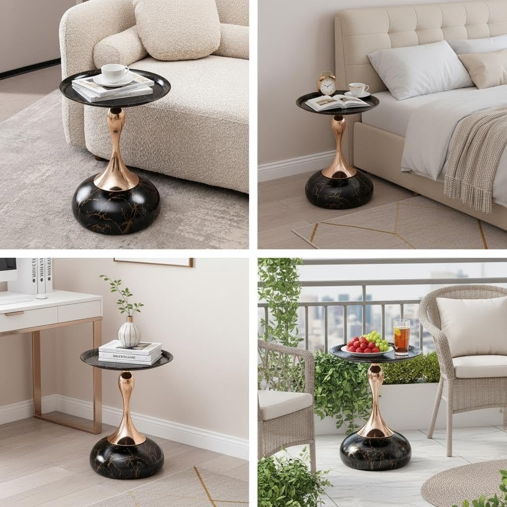 Mermaid Tail End Coffee Table – Modern Metal Pedestal Side Table with Round Tray Top for Living Room, Bedroom, or Office (Black Marble Pattern)
