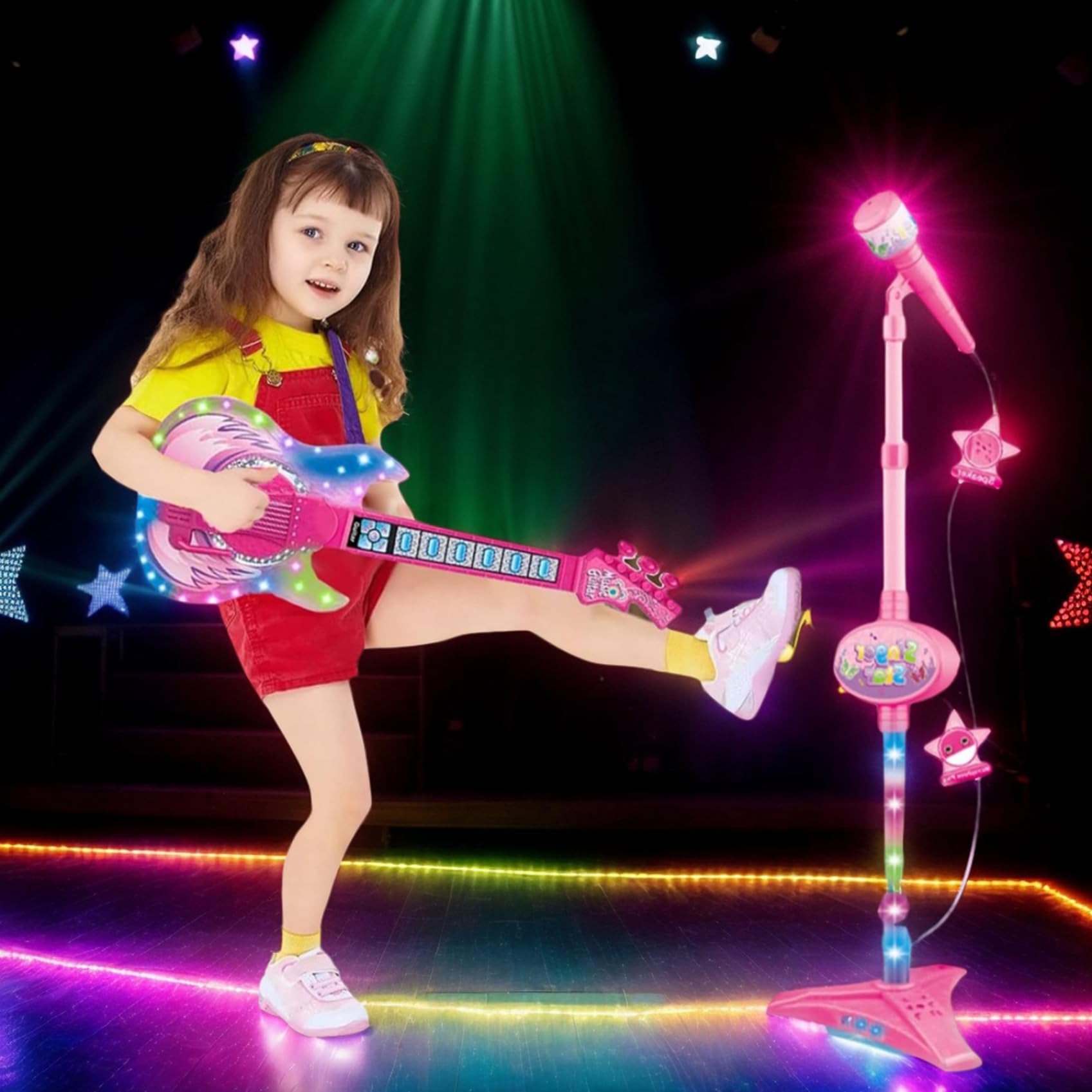 Guitarra eléctrica para niños, Guitarra y micrófono para niños, Juguete con música y luz, micrófono 2 en 1 de Altura Ajustable con Soporte, Instrumentos de Juguete de Aprendizaje
