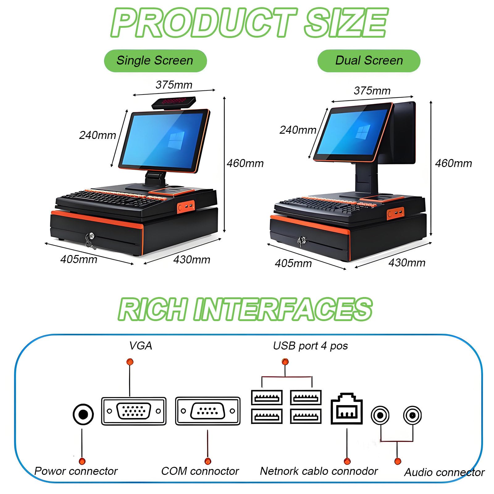 Écran Tactile 15,6 Pouces, Caisse enregistreuse, Clavier, imprimante intégrée 58 mm, Pack Complet, Terminal de Point de Vente, système de Caisse enregistreuse pour Entreprises. Orange