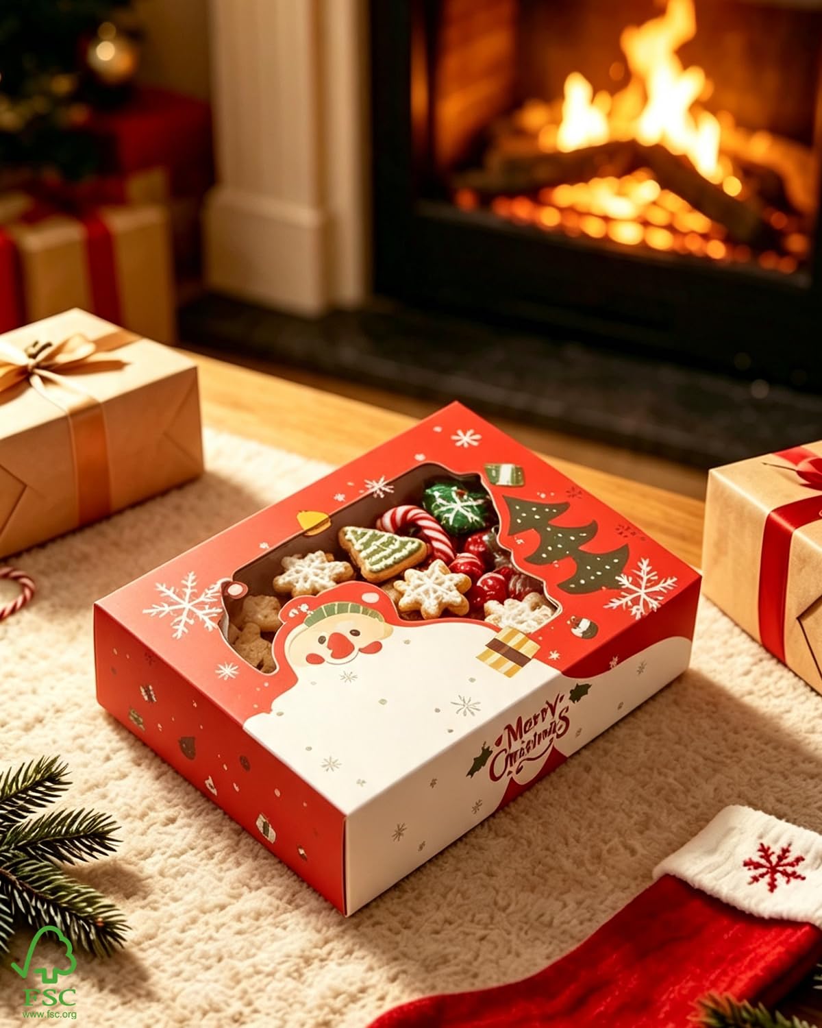 qiqee Scatola per biscotti di Natale con finestra, 30,5 x 20,3 x 6,3 cm, 12 confezioni Auto-pop up Due usi Un secondo pieghevole per pasticceria biscotto scatola da forno per imballaggio