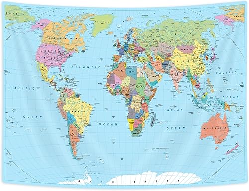 Miniatura 6 de Tapiz de mapa del mundo, mapa del mundo, para niños, estudiantes, azul, para colgar en la pared, vintage, asia, Europa, ciudad del sur, topografía,