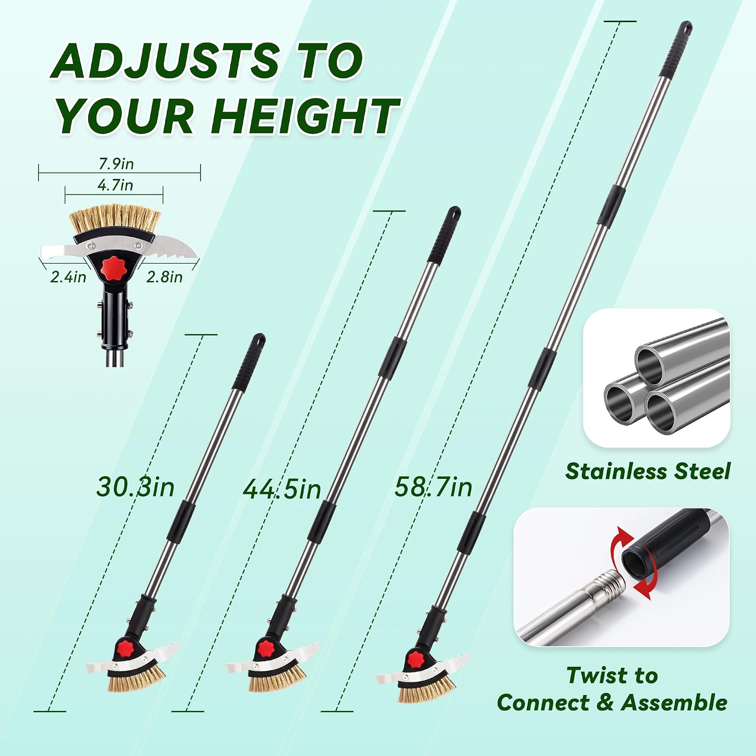 3-in-1 Heavy Duty Crack Weeder Tool, 59" Adjustable Long Handle, Stainless Steel Crevice Weed Puller and Moss Remover for Driveway, Patio, Sidewalk, Pavers and Deck Cracks