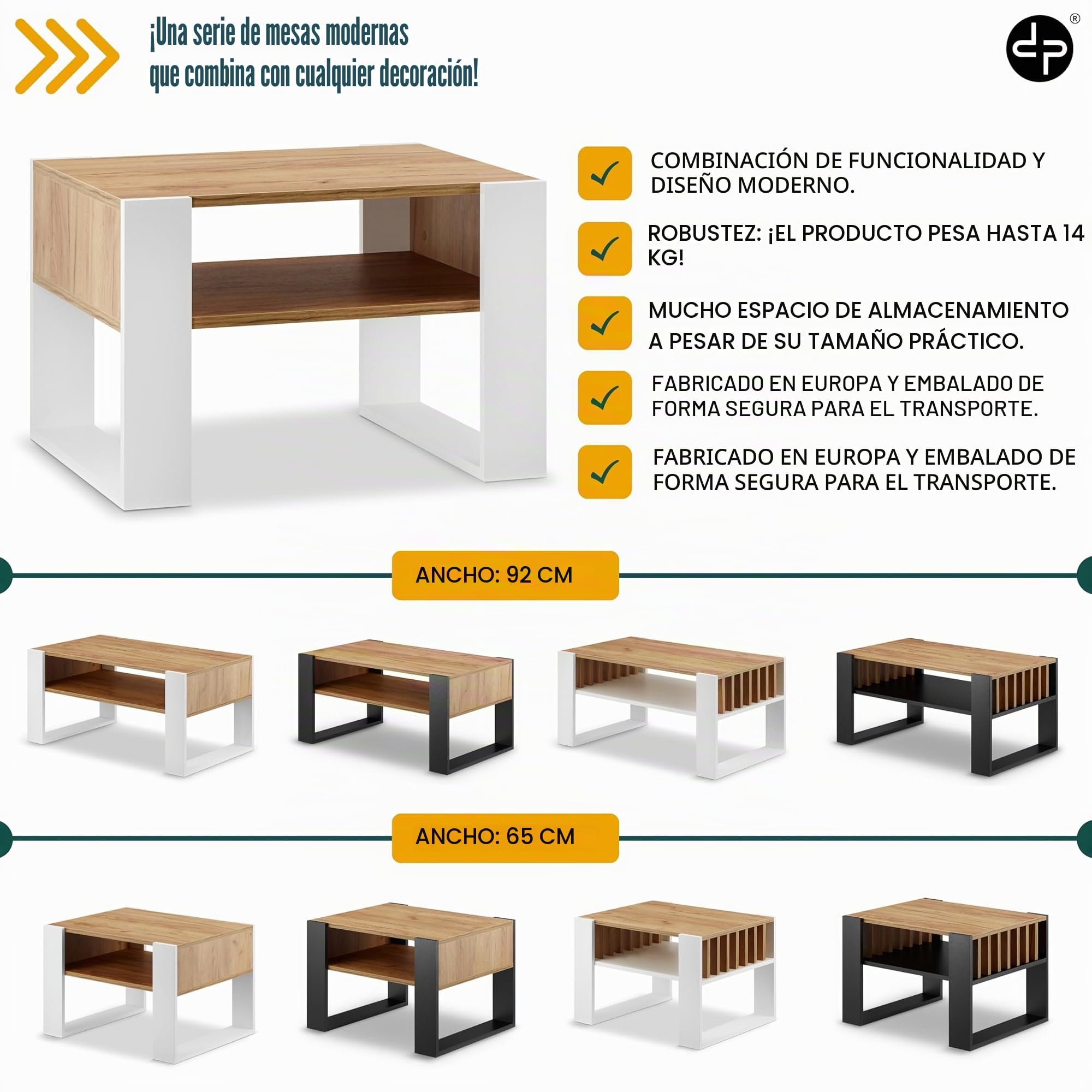 defiPad Mesa de centro moderna, roble, 65 cm de ancho, mesa de café maciza y estable, mesa de sofá, color blanco + roble