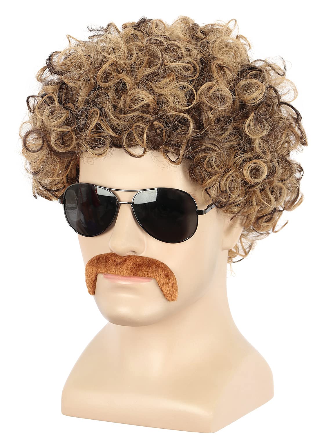Yuehong Men Short Curly Brown Afro Wig 70s 80s Disco Hair with Mustache Set Heat Resistant Synthetic Fibers Soft Breathable Wig - Image 2