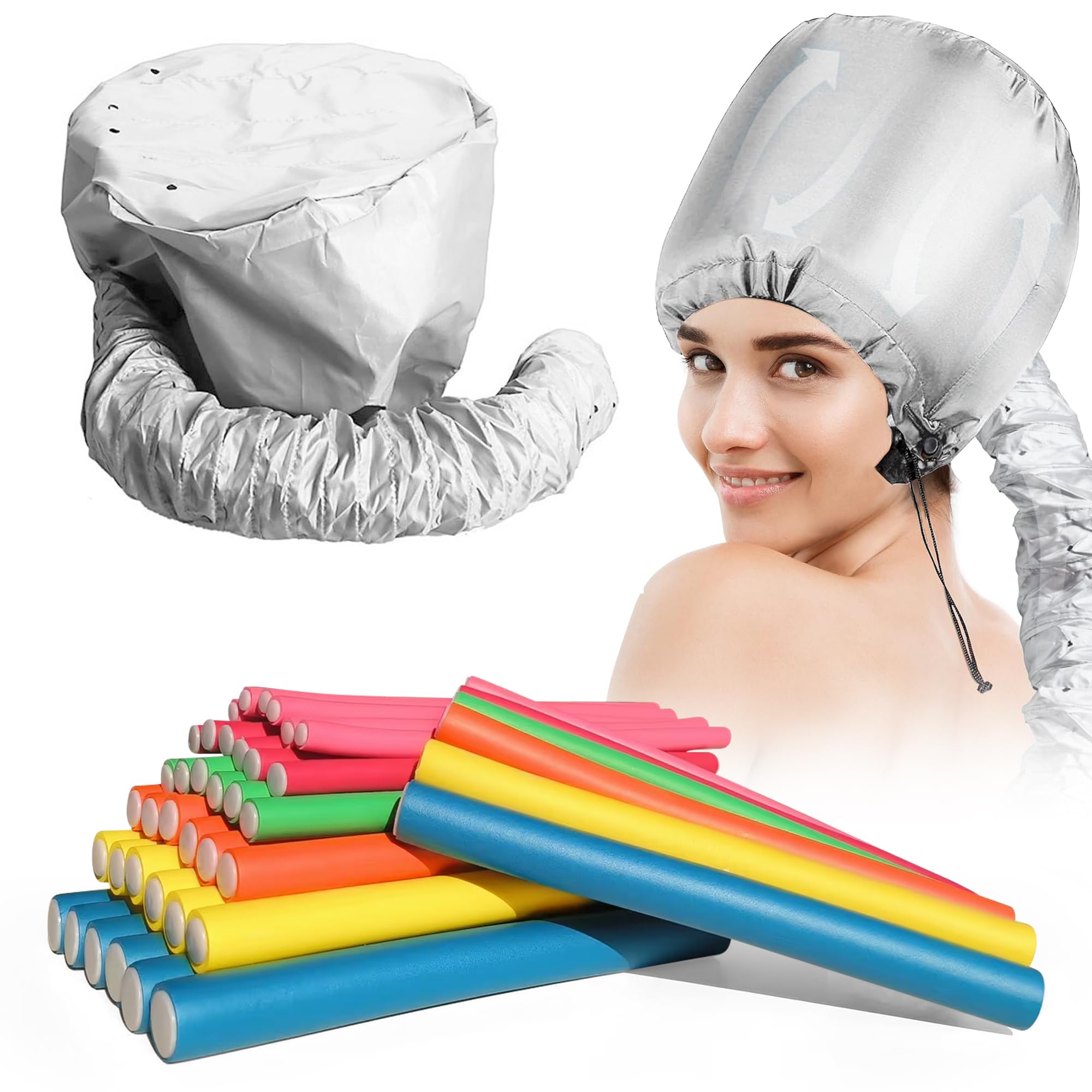 42 pcs 7" Flexi Rods,Hair Curlers Rollers Flexible Curling Rods,Heatless Bendy Foam Curls for Long,Medium,Short Hair to Sleep in,with Hair Dryer Bonnet for Quick Shaping(Silvery)