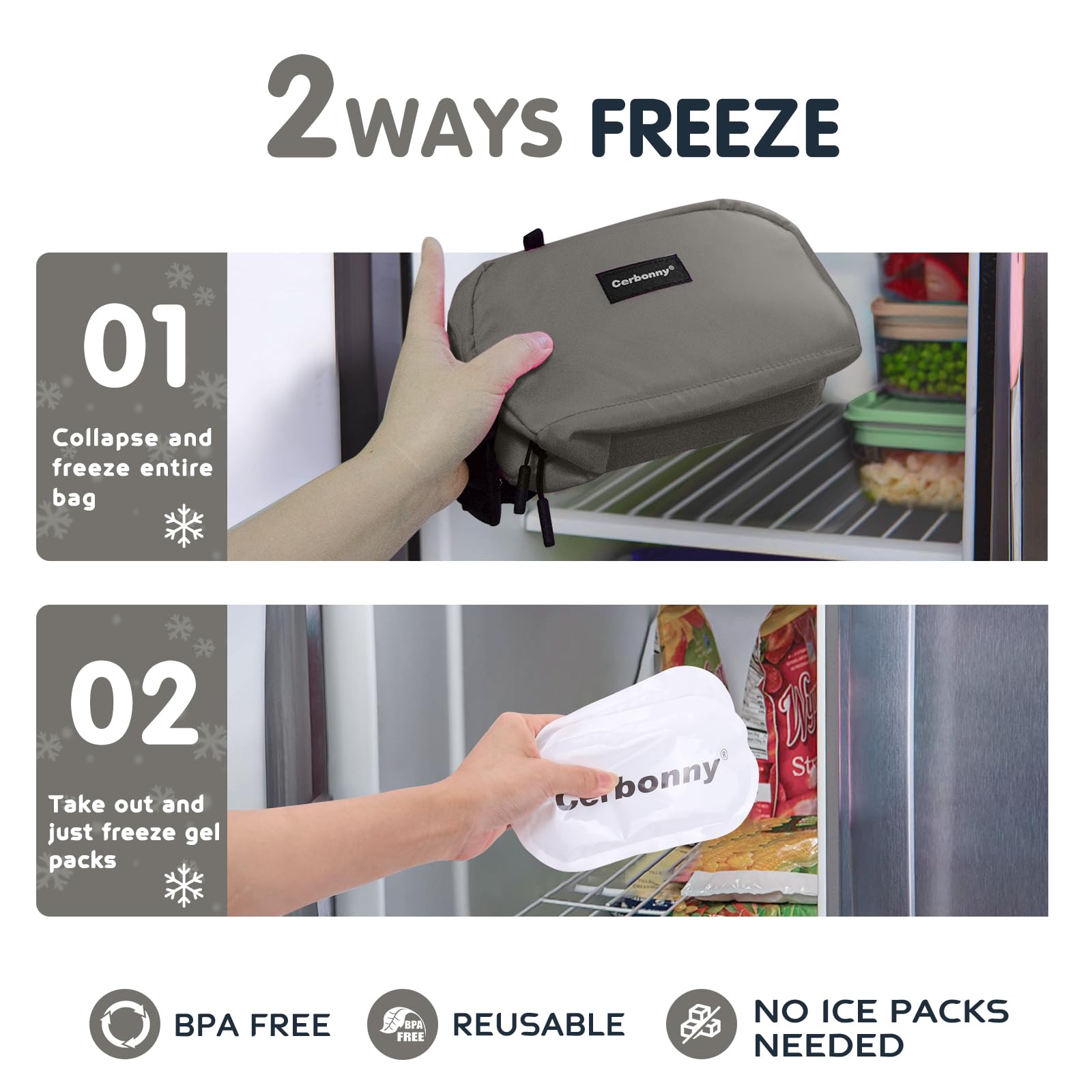 Cerbonny Freezable Lunch Bag for Work & School, Kid/Adult Travel, Fit for Yogurt 3+ (Grey) - Image 2