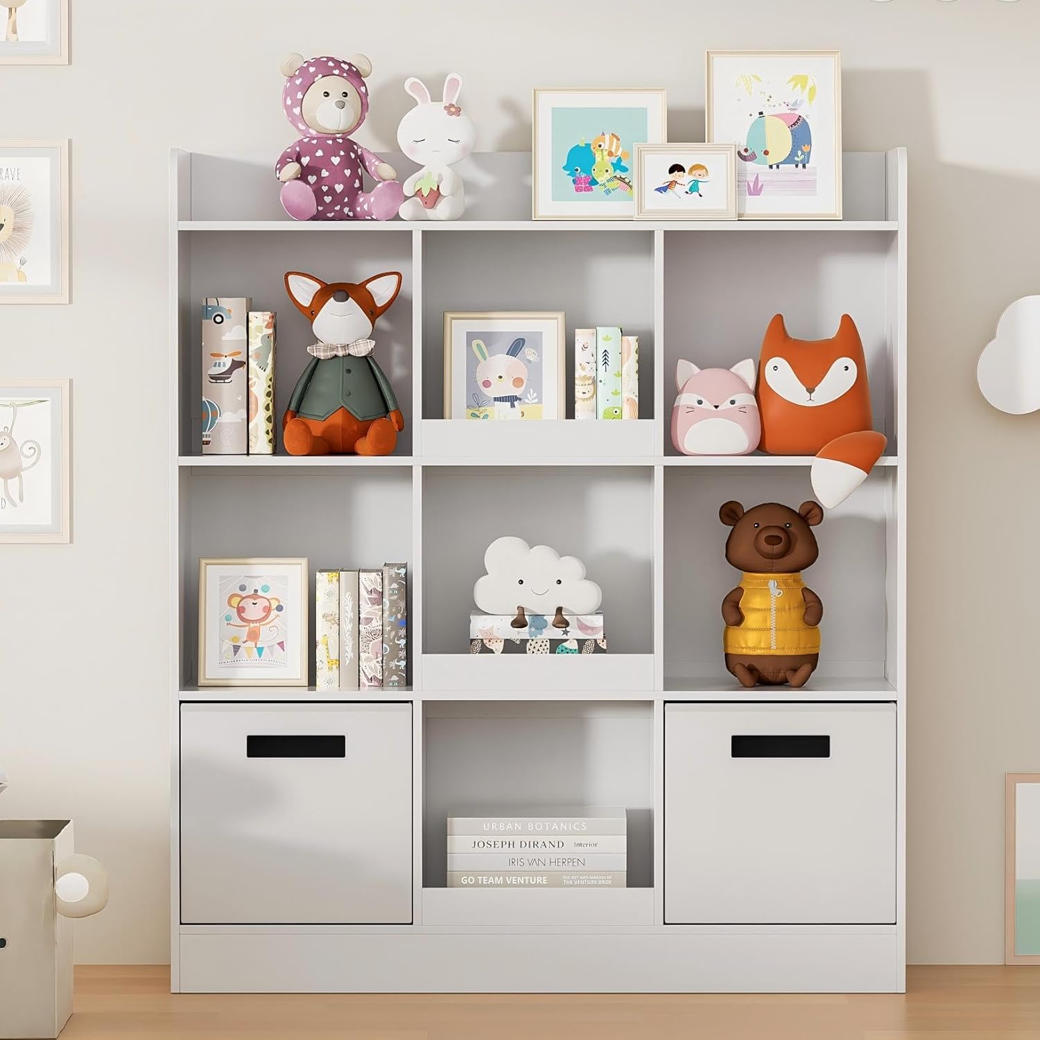 Kids Bookshelf with 9 Cube, Toy Storage Organizer with 2 Fabric Drawers, 3-Tier Freestanding Wooden Open Shelf Bookshelf, Modern Kids Display Bookcase for Bedroom, Living Room, Office, White