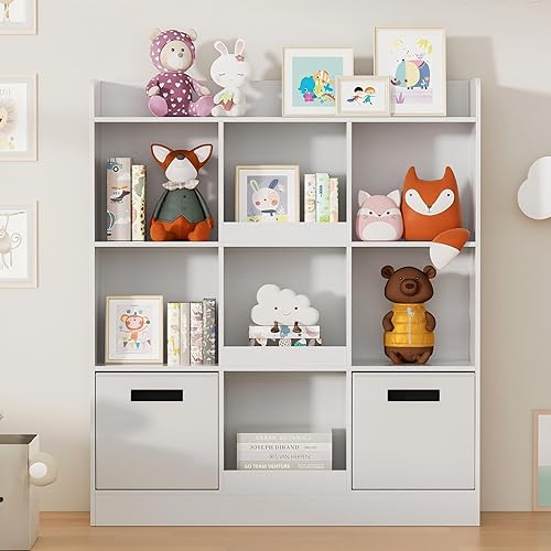 Miniatura 3 de Estantería infantil con 9 cubos, organizador de almacenamiento de juguetes con 2 cajones de tela, estantería abierta de madera independiente de 3