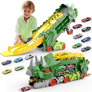 HALAYAYA Dinosaur Toys Truck Set Dinosaur Transforming Car Race Tracks Set With 8 Pcs Cars for Kids Toys Dinosaur Car Track for Kids Age 3 4 5 6 7 8 Year Old (green)