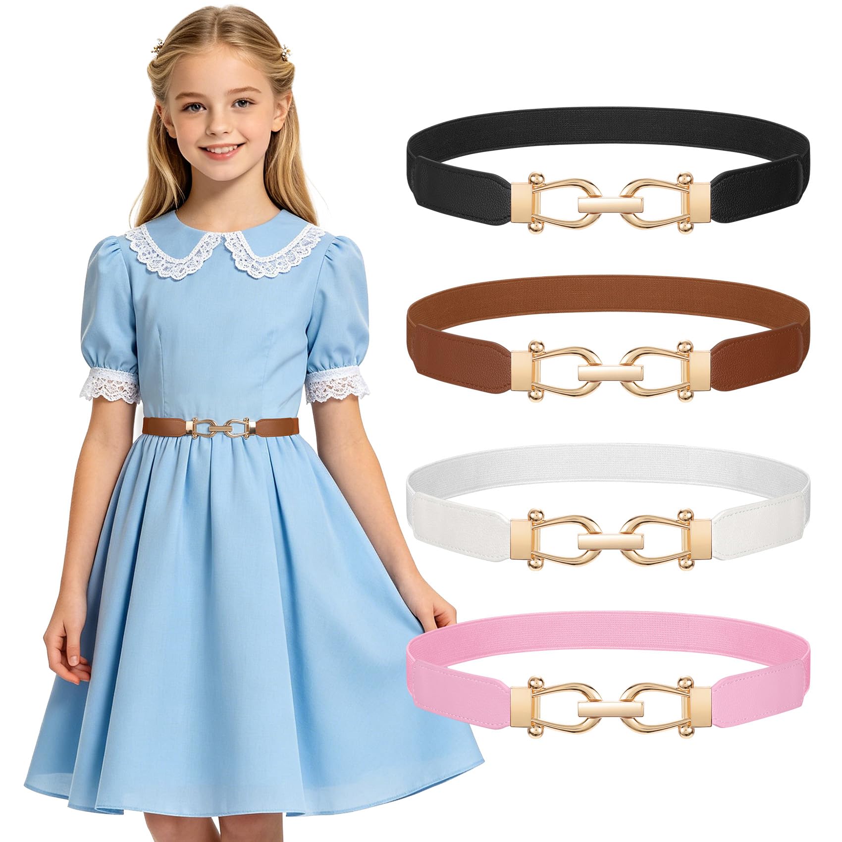 JASGOOD 4 Pack Elastic Kids Belts for Girls Stretchy Thin Toddler Waist Belts for Dresses Jeans School Uniform Casual