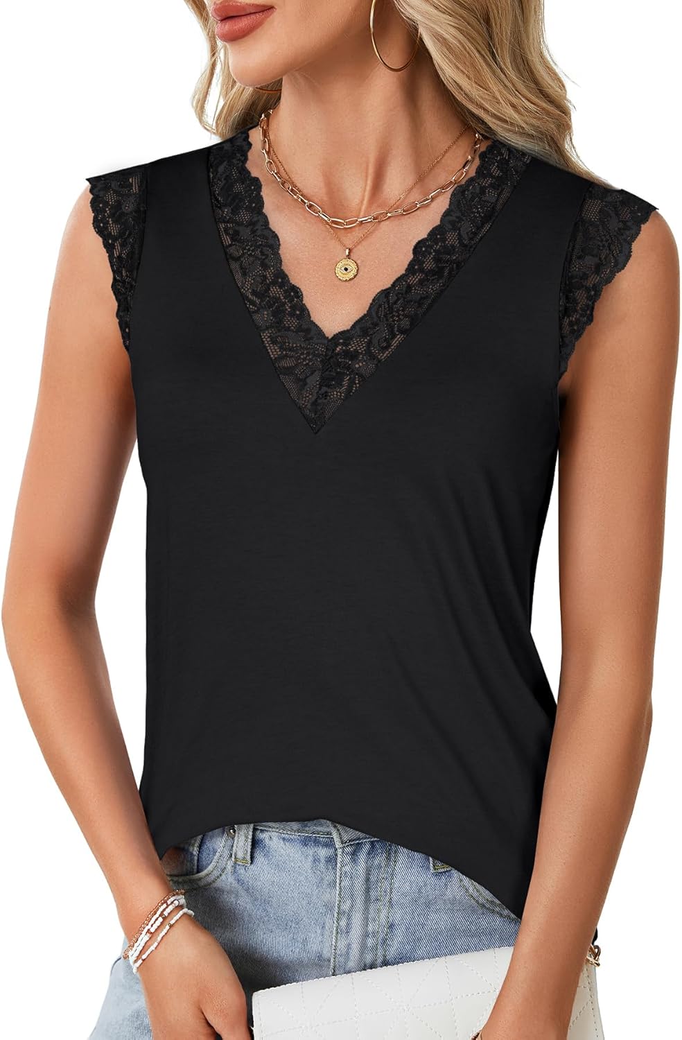 Vrtige Women's Tank Tops V Neck Sleeveless Lace Blouse Casual Vest Summer Camisole Shirts