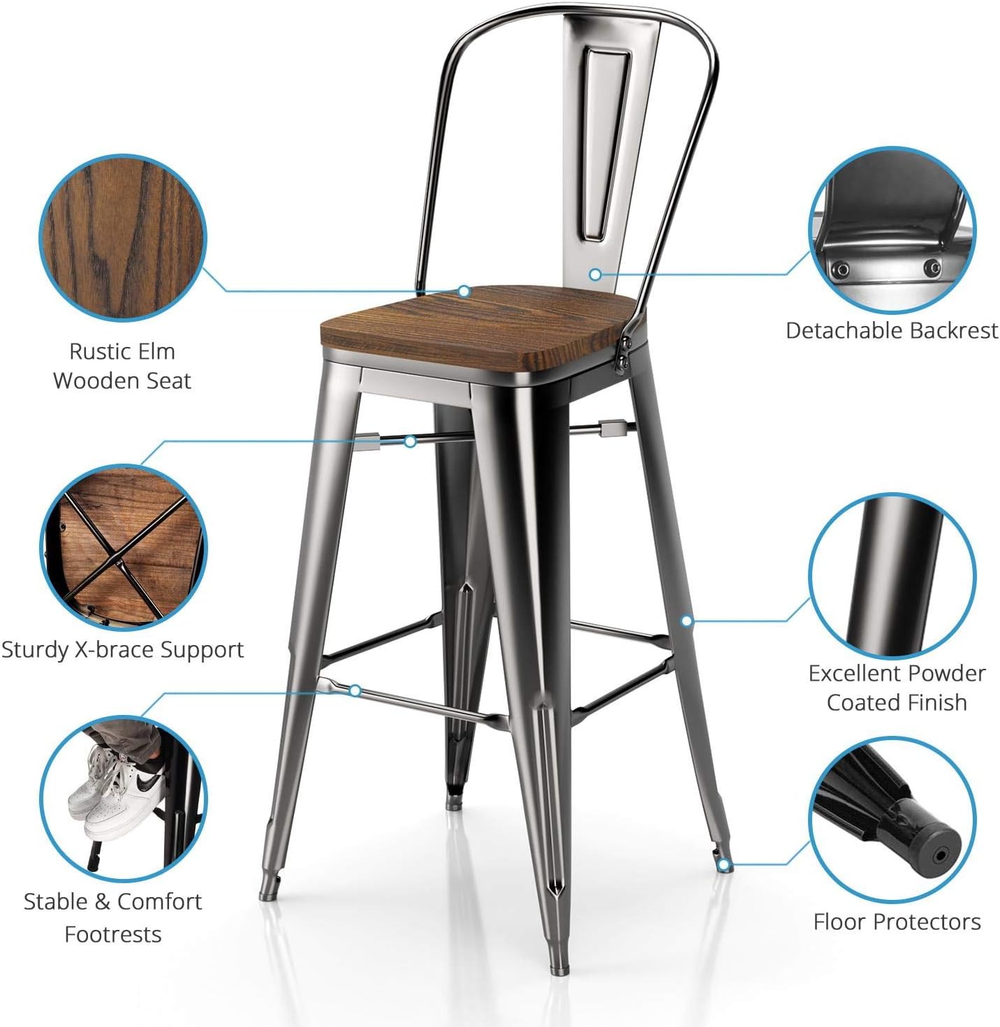 VIPEK 30 Inches Metal Bar Stools 30" Height Barstool with Solid Elm Wooden Seat High Back Commercial Grade for Indoor Kitchen Restaurant Dining Chairs Outdoor Patio Bistro, Set of 2, Gloss Black : Patio, Lawn & Garden
