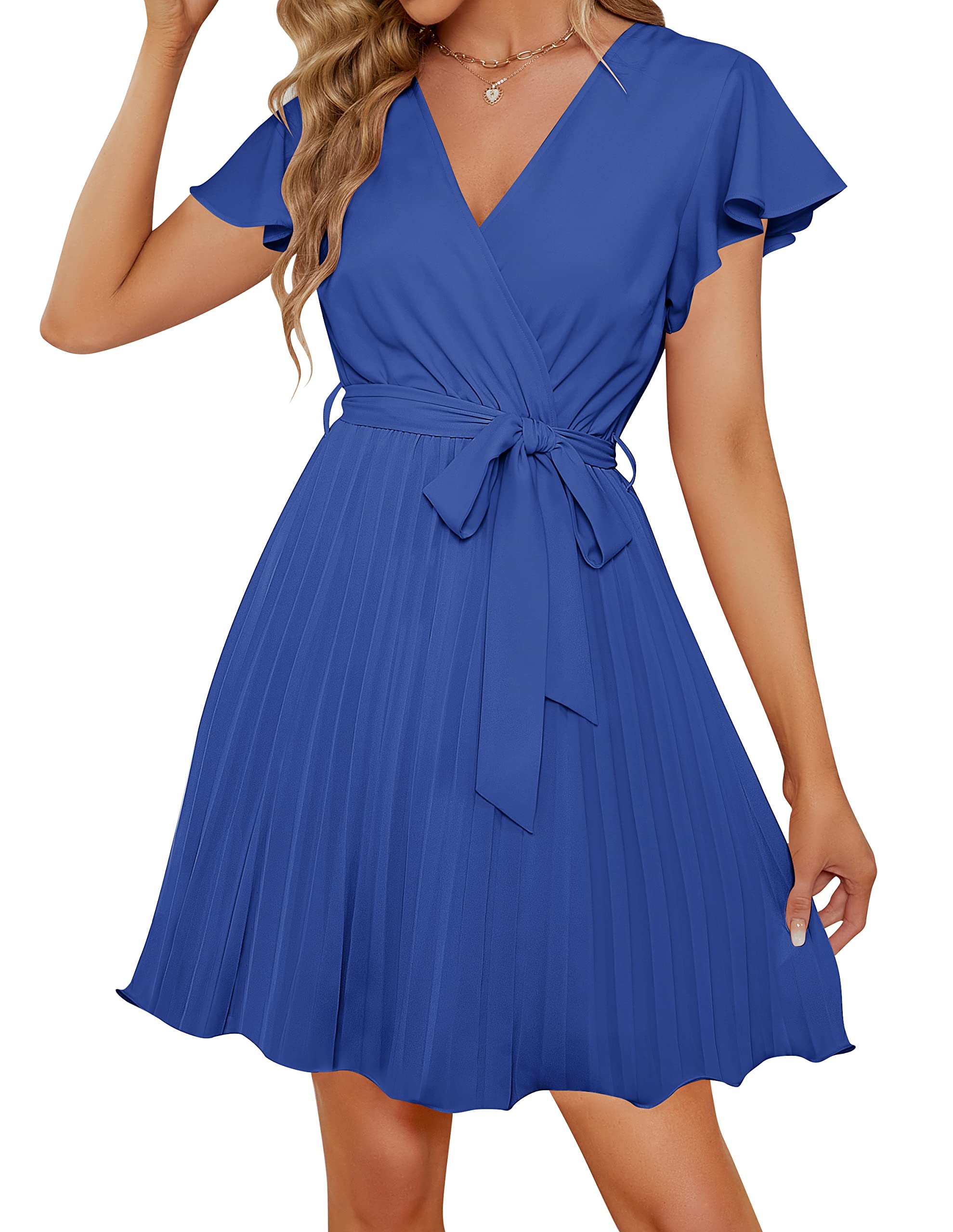 ZESICA Women's Wrap V Neck Mini Dress 2023 Summer Flutter Sleeve Tie Waist Pleated A Line Swing Wedding Party Short Dresses,RoyalBlue,Medium