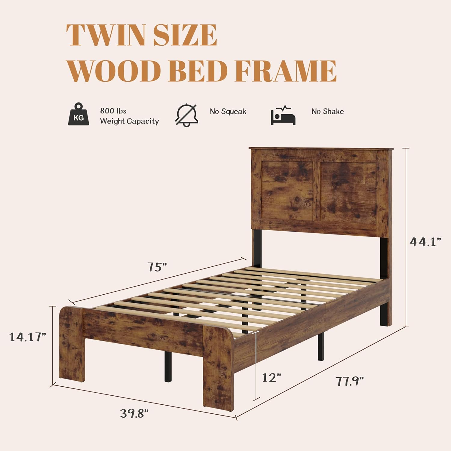 Wooden Bed Frame Twin Size with Headboard, Farmhouse Platform Bedframe with Wood Slat Support, Sturdy Framework Bed Frame, Easy Assembly (Rustic Brown)