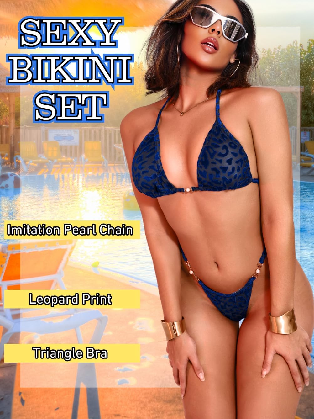 Velvet Cheetah Bikinis,Pearl Chain Thong Bathing Suit for Women,Sexy Brazilian String Bikini Set Tanning Pool Party