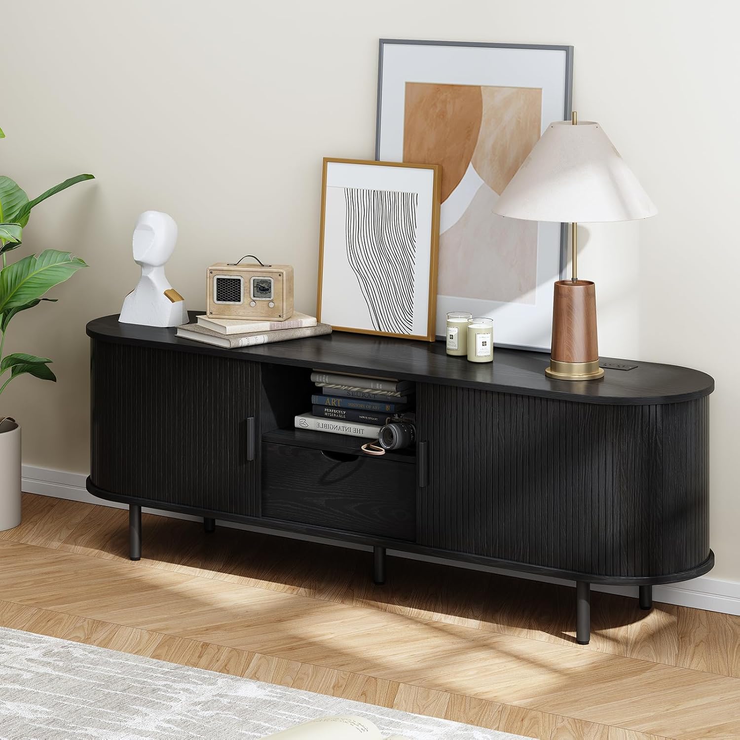 ONBRILL 63" TV Stand with Power Outlet for TVs up to 70", Entertainment Center with Storage and Drawer, TV Console with Adjustable Shelves and Sliding Door, TV Stand for Living Room, Bedroom, Black