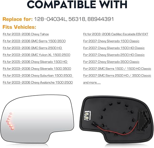 Miniatura 6 de Espejo calefactable eléctrico del lado derecho del pasajero con señal de flecha de giro para Cadillac Escalade ESV EXT Chevy Avalanche Silverado
