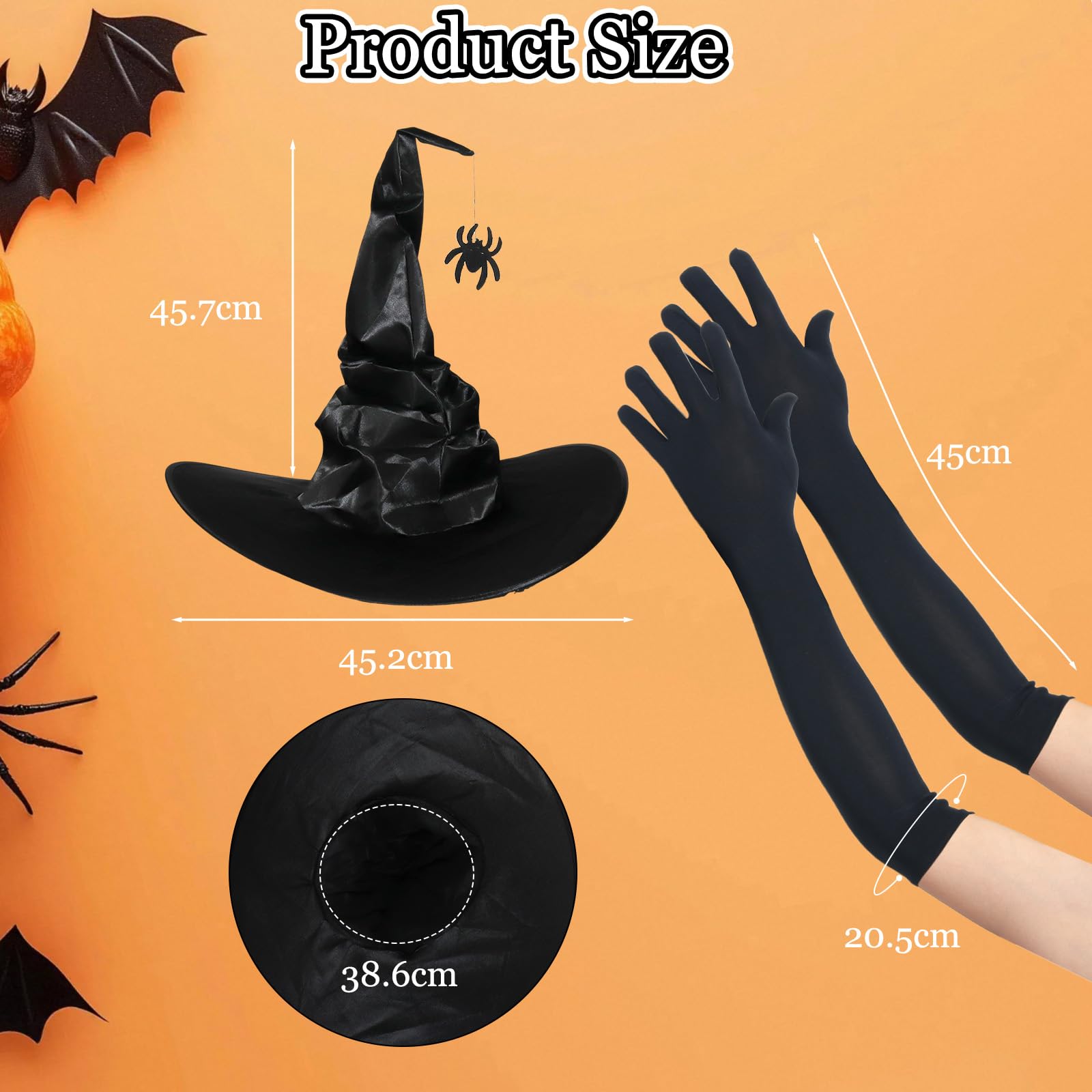 HSSPYY Witch Hat & Long Gloves Set for Women, Satin Foldable Witch Hat with Spider Charm & 45cm Stretch Gloves - Image 3