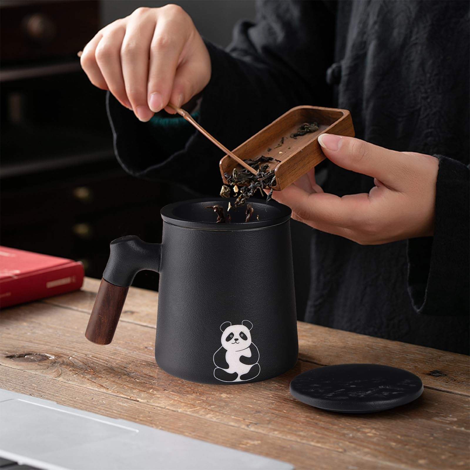 fanquare Ceramic Tea Mugs with Wood Handle Black Tea Cup with Infuser and Lid, Tea Steeping Mug for Brewing Loose Leaf Home - Image 4