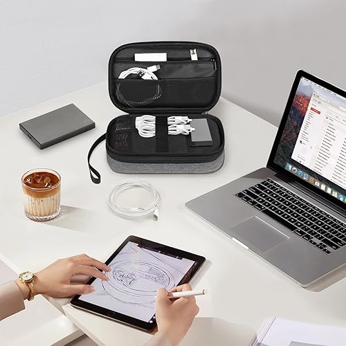 Miniatura 5 de FINPAC Bolsa electrónica de viaje, organizador de cables portátil, funda electrónica de artículos esenciales, bolsa de almacenamiento de doble capa