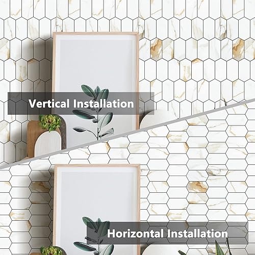 Vista 18 de Vamos Tile Azulejos hexagonales largos para despegar y pegar, 10 hojas para pegar en la pared del muro para la cocina y el baño, Calacatta dorado