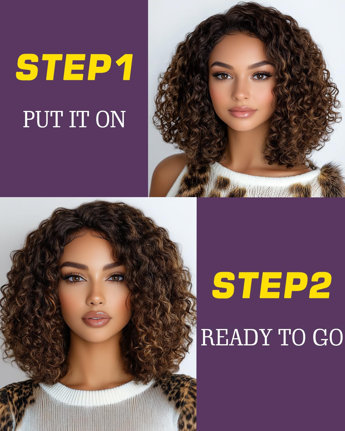 FASHION IDOL Short Curly Bob Human Hair Wig Precut Preplucked Glueless Wear and Go Upgraded Invisible Secret Glueless Human Hair Ready to Wear Wigs C-Type Part Lace Wig 200% Density - Image 2
