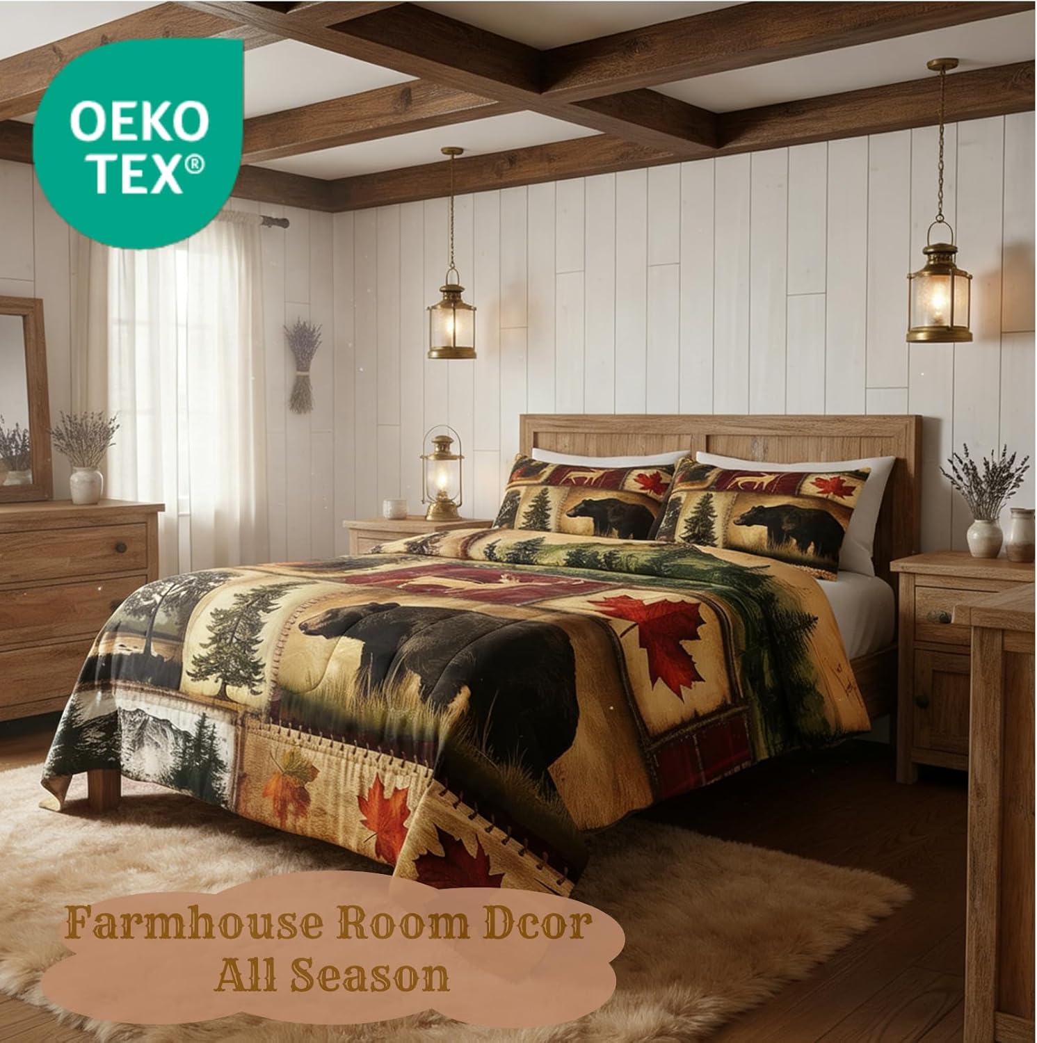 Rustic Farmhouse Bedding Comforter Sets Queen, Country Cabin Lodge Bedding Set, Hunting Bear Wildlife Comforter for Bedroom, Maple Leaves Duvet Insert, Woodland Rustic Bedding All Season, Red Brown - Image 2