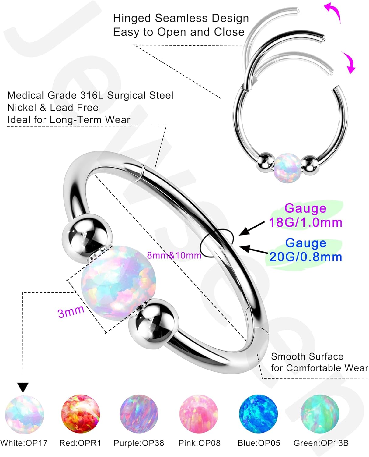 Jewseen 2PCS 316L Surgical Steel Nose Rings Hoop 18g 20g Opal Nose Rings for Women Septum Rings 8mm/10mm Nose Piercing Jewelry Cartilage Earring - Image 5
