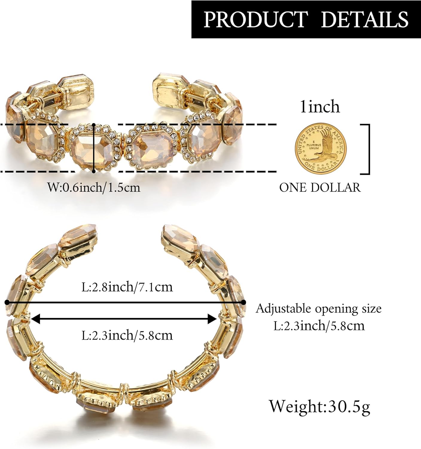 BriLove Women's Wedding Bridal Multi Emerald Cut Crystal Open Bangle Stretch Bracelet - Image 6