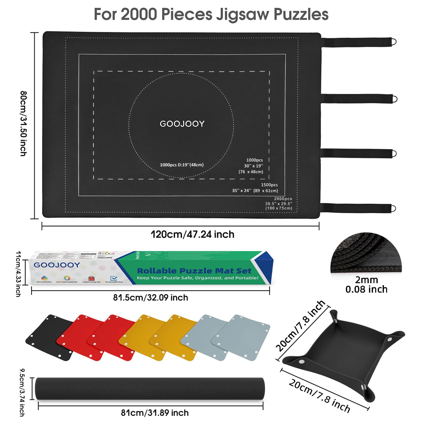 Gumowa mata do puzzli, do 2000 sztuk, antypoślizgowa mata zwijana, 120 x 80 cm, akcesoria do puzzli, przyjazna w podróży i przechowywaniu (8 tacek do sortowania + 1 torba do przechowywania)