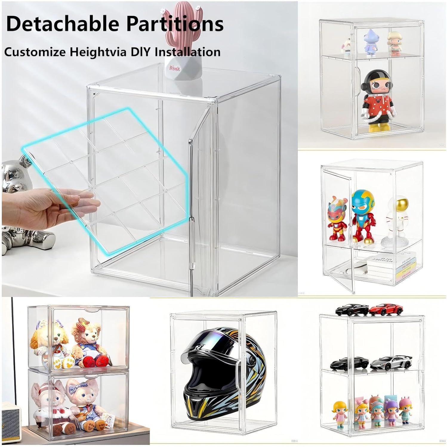 2 Pack Large Clear Acrylic Display Case for Collectibles Compatible with Labubu, Stackable Storage Box with Adjustable Layer and Magnetic Door, Dust-Proof Organizer for Figures, Home Office Supplies