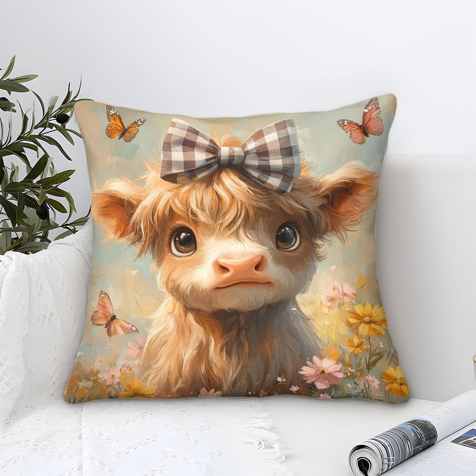 Yyvkpmlxc Style-11 Pillow Cases Highland Cow Modern Art Decorative,Pastoral Flowers Pattern Square Cushion Covers Soft Polyester Pillowcase For Living Room Sofa Outdoor Pillowcases 45X45cm