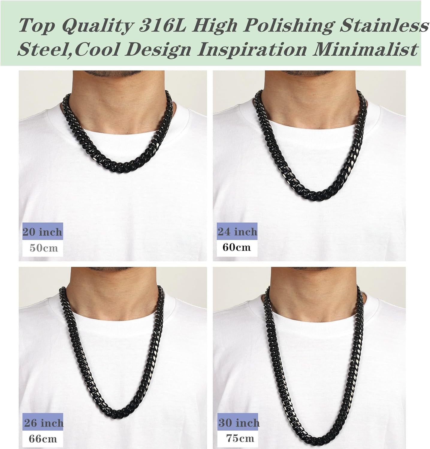 ROWIN&CO Miami Cuban Link Chain for Men 15mm Black Stainless Steel Curb Necklace, Hip Hop Jewelry, Durable & Anti-Tarnish Mens Chain 18" 20" 22" 30" Inch, Pops Gifts For Fathers Boyfriends, Sons - Image 6