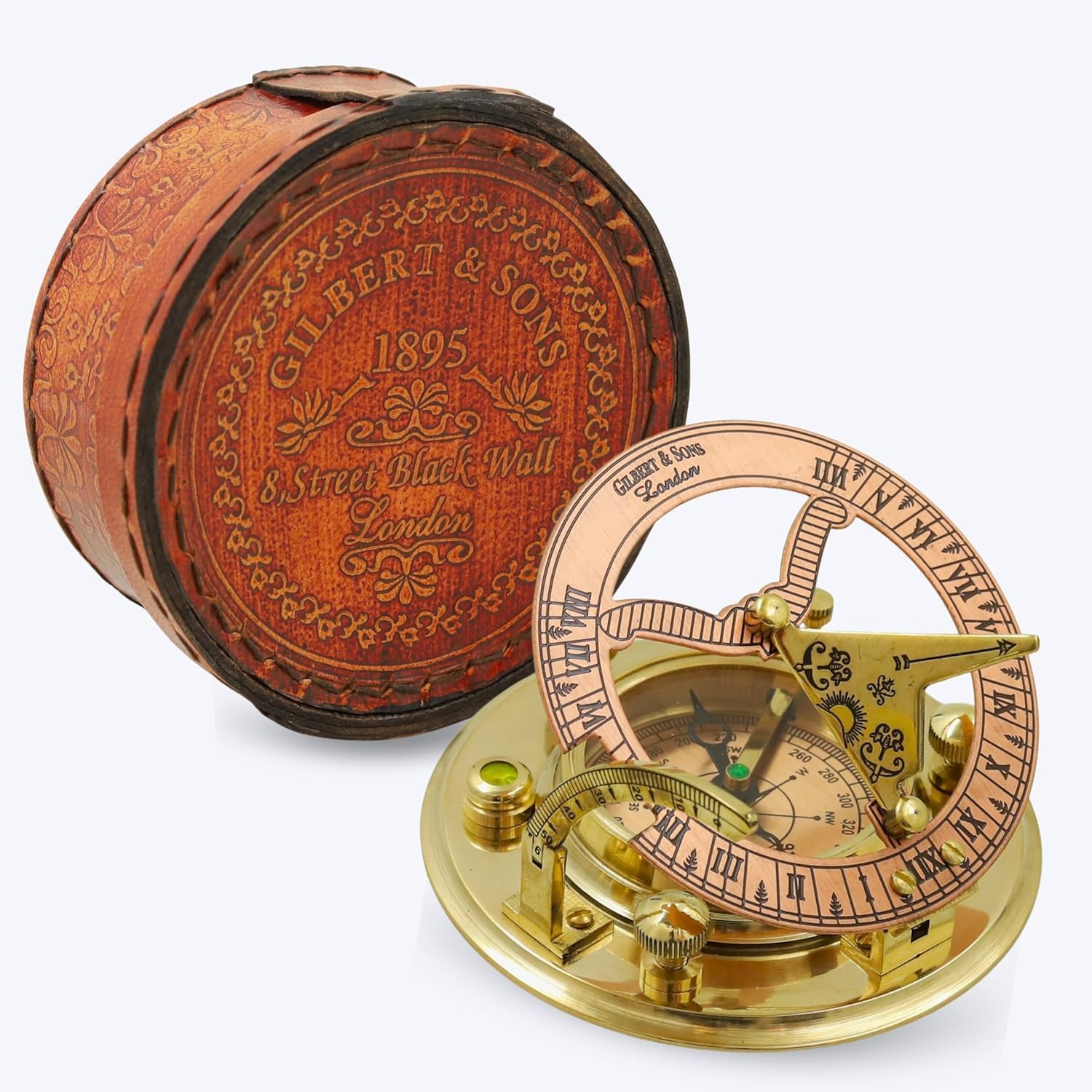 Personalized Engraved Antique Brass & Copper Sundial Compass, Sundial Clock in Leather Box Gift Sun Clock Ship Replica Watch