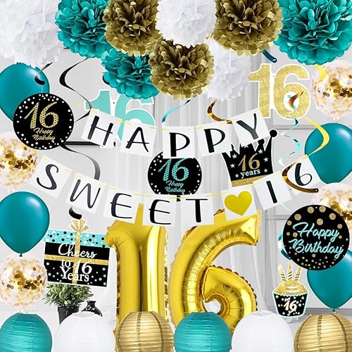 Decoraciones de cumpleaños de 16 años color verde azulado para niñas de dieciséis cumpleañosglobos de látex de confeti dorado, pompones de seda,
